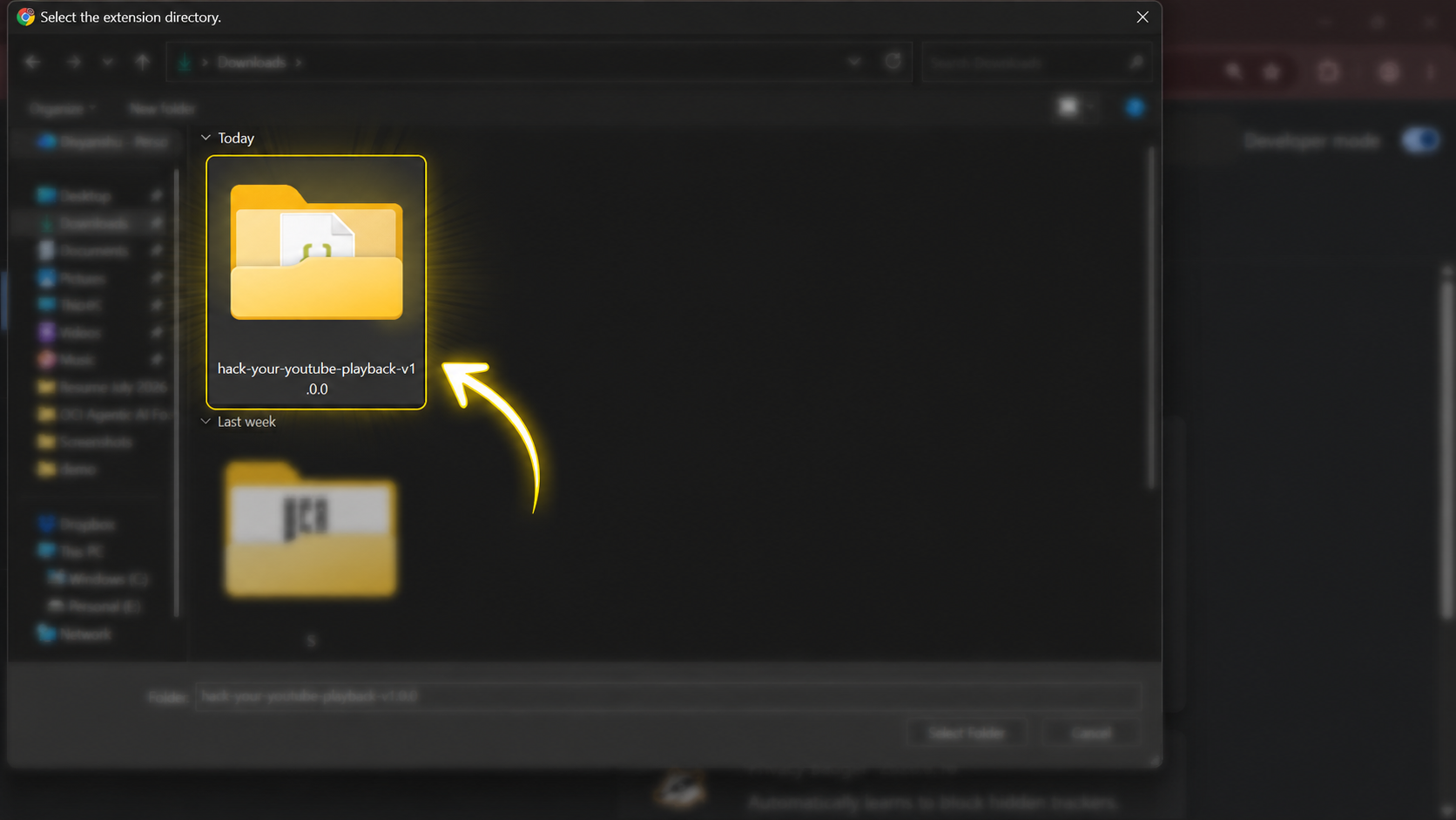 Selecting the extension folder
